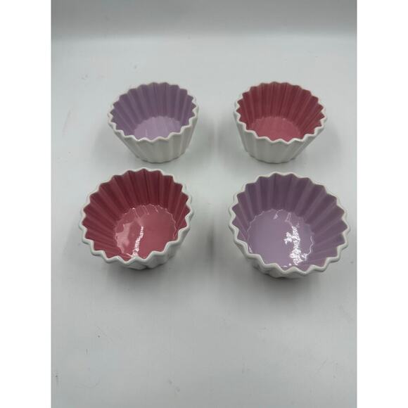 Unknown Other - Purple and Pink Ceramic Ramekin, Fluted White Custard Cup, Small Round Ramekin